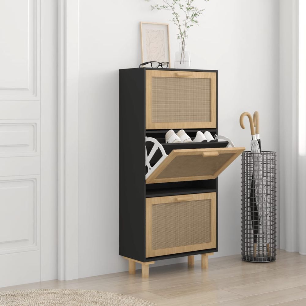 Shoe Cabinet Black 52x25x115 cm Engineered Wood&Natural Rattan - anydaydirect