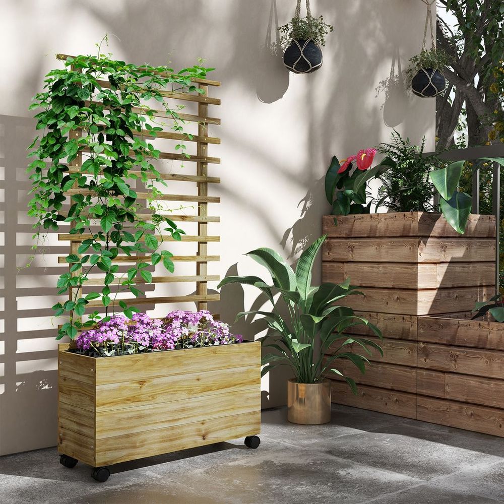 Outsunny Garden Wooden Trellis Planter Box Raised Bed w/ 4 Wheels, Natural - anydaydirect