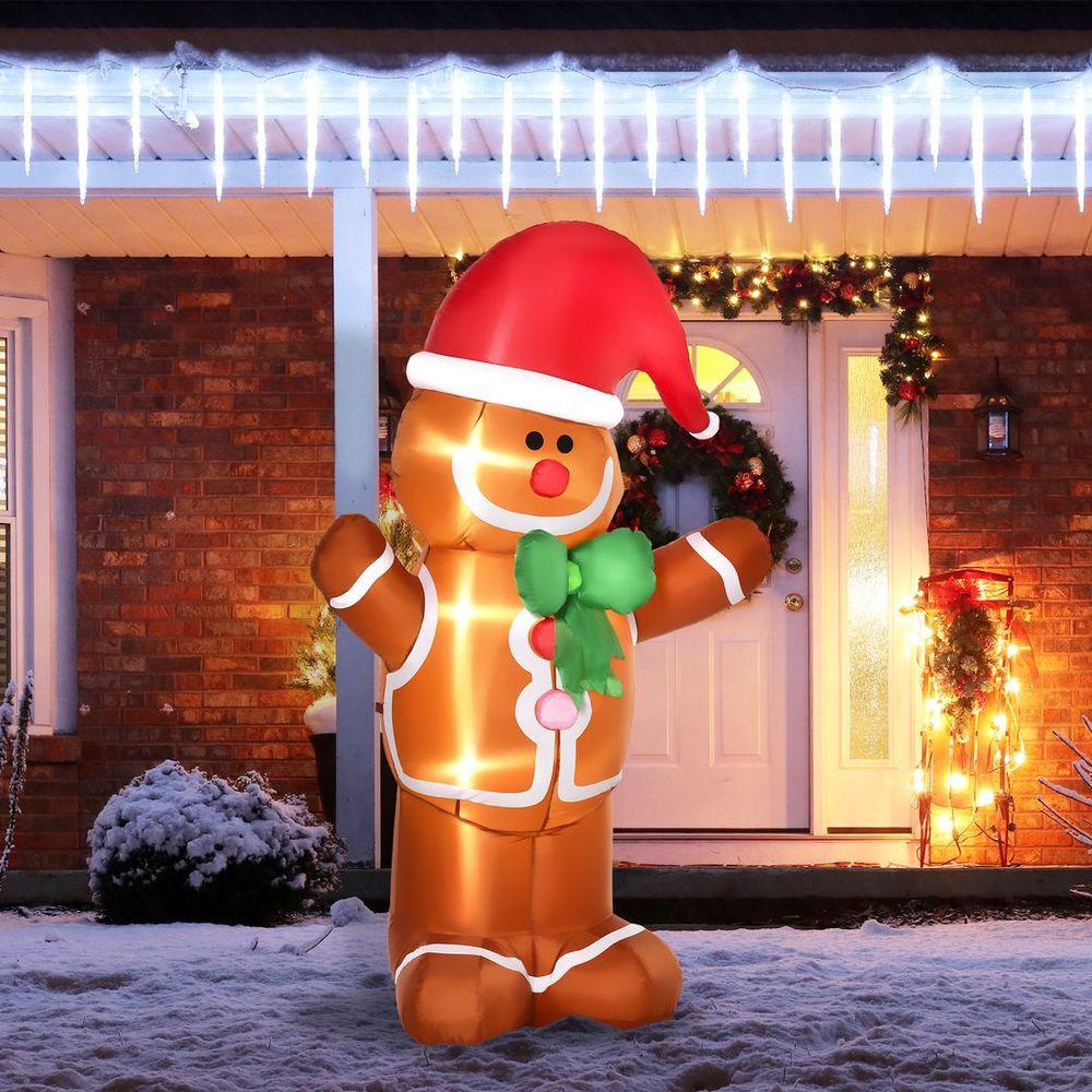 HOMCOM 6ft Christmas Inflatable Gingerbread Man & Santa Hat w/ LED Lights - anydaydirect